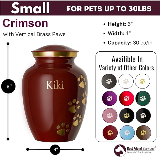 Ottillie Paws Premier Series Pet Urn for Dogs and Cats with Personalized Laser Engraving (Small - Pets up to 25 lbs, Crimson with Vertical Brass Paws)