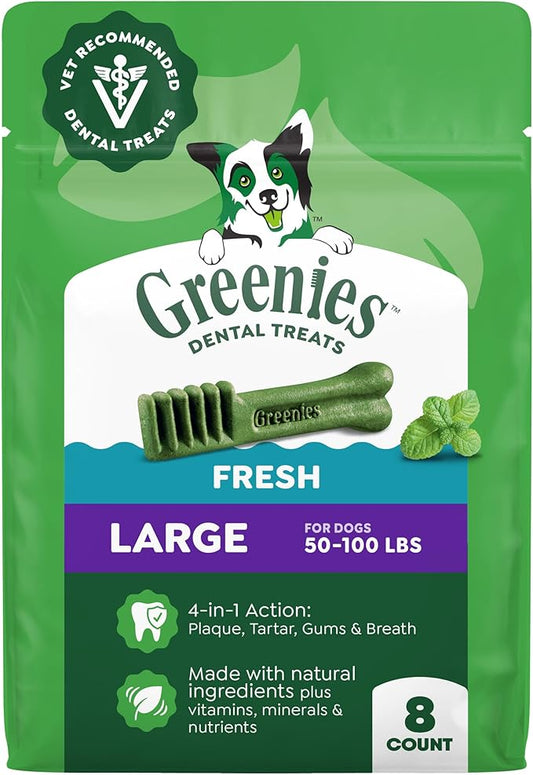 Greenies Dog Treats, Veterinarian-Recommended Natural Dental Dog Treats, Large Size, Mint Flavor, 12 oz. Pack, 8 Count