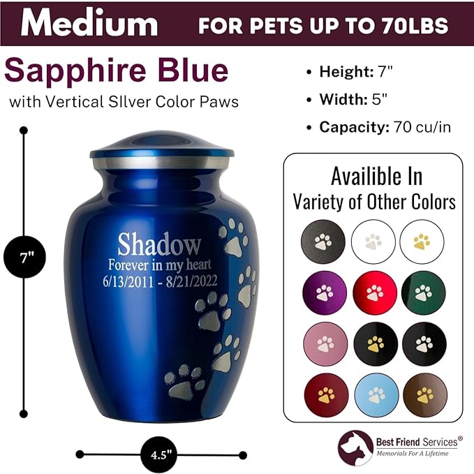 Ottillie Paws Premier Series Pet Urn for Dogs with Personalized Laser Engraving (Medium - Pets up to 65 lbs, Sapphire Blue with Vertical Pewter Paws)