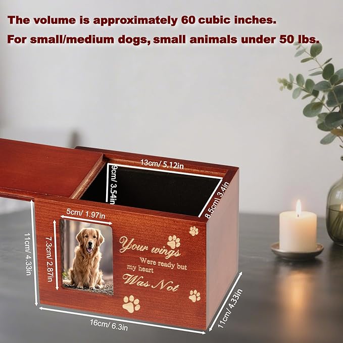 Pet Urns for Dog or Cat Ashes Sets Pet Cremation Urns Medium Wooden Keepsake Memory Box with Photo Frame with Black Flannel Lining Rainbow Bridge Keepsake Loss Pet Memorial Remembrance Gift