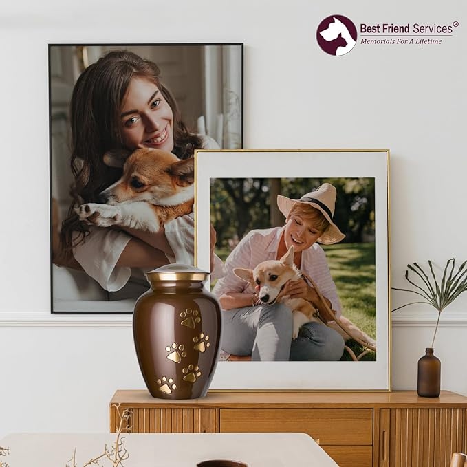 Ottillie Paws Legacy Series Pet Urn for Dogs, Handmade Brass Memorial Cremation Urn (Large - Pets up to 115 lbs, Harvest Brown, Vertical Brass Paws)