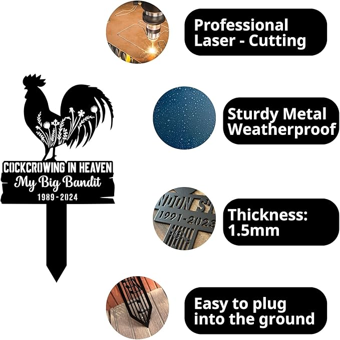 Personalized Chicken Memorial Stake, Rooster Loss Gifts, Pet Grave Marker, Sympathy and Remembrance Metal Stake, Durable Weatherproof Marker, Chicken Loss Memorial Gift