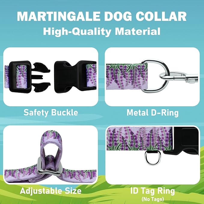 Martingale Collar for Dogs with Buckle Floral No Pull Adjustable Nylon Limited Slip Training Dog Collars (Purple Lavender, Medium)