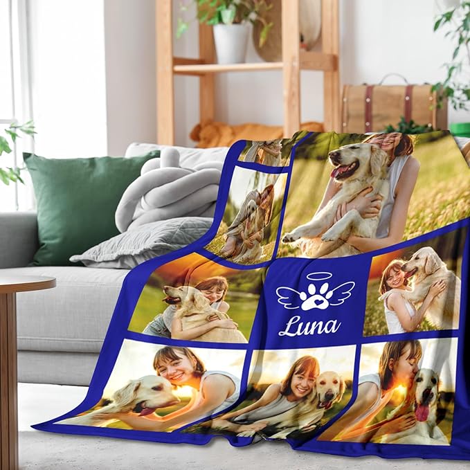 Pet Memorial Blanket Gift - Personalized Dog Memorial Blanket with Photo Name, Pet Sympathy Gifts for Dogs Lovers, Custom Loss of Dog Grief Blankets, Pets Remembrance Bereavement Gifts (8 Photos)