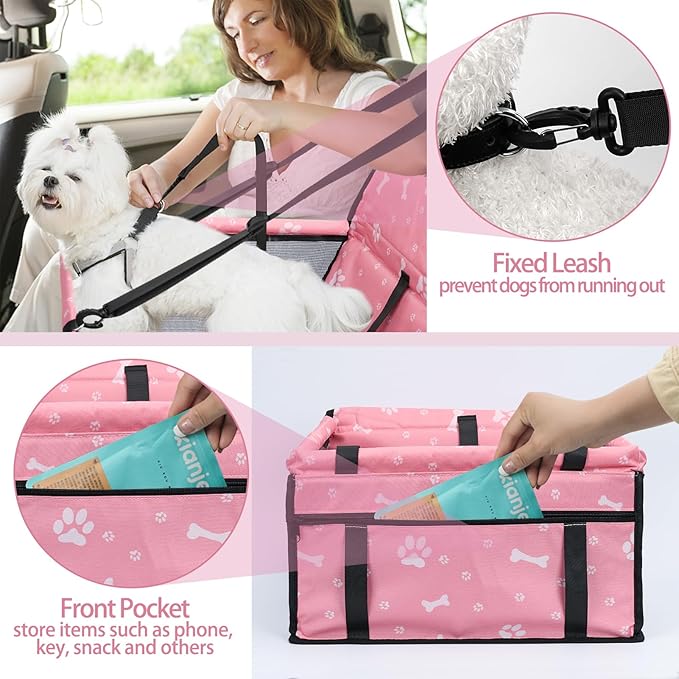 PetsHome Dog Car Seat Foldable Dog Car Booster Seat Waterproof Breathable Oxford Travel Bag for Small to Medium Dogs, Puppies, and Pets-Pattern Pink+Mat