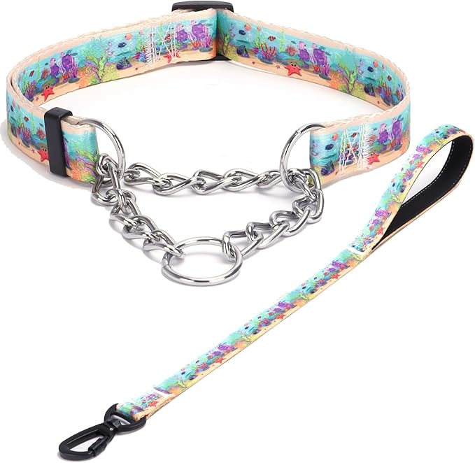 Martingale Dog Collar with Stainless Steel Chain - Limited Chain Cinch Training Collar for No Pull Training Dog - Flower Multicolor Cute Patterns - Premium No Slip Collar (XL, Ocean Set)