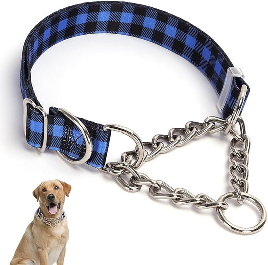 Stainless Steel Chain Martingale Collar for Dogs, No Pull Slip Cinch Choker Choke Collar Training Escape Proof Heavy Duty Dog Collar for Small Medium Large Pet Boy Male Dogs, Blue Plaid L