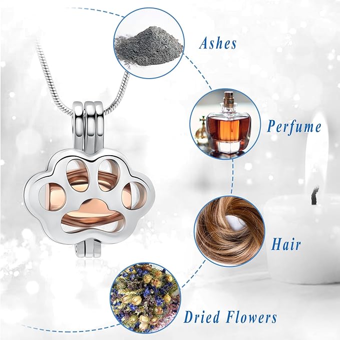 Pet Cremation Jewelry for Ashes Paw Memorial Locket Urn Necklace Keepsake Cremation Jewelry for Dog/Cat (Silver-Rose)