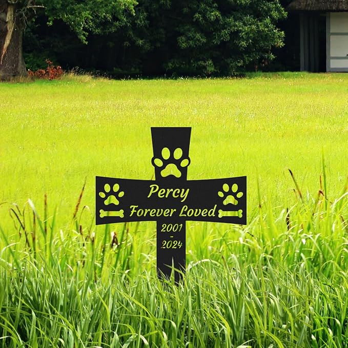 Custom Dog Memorial Garden Stake, Personalized Dog Memorial Grave Marker Cross, Metal Dog Paws Memorial Remembrance Plaque Stake for Cemetery, Pet Dog Sympathy Grave Stake