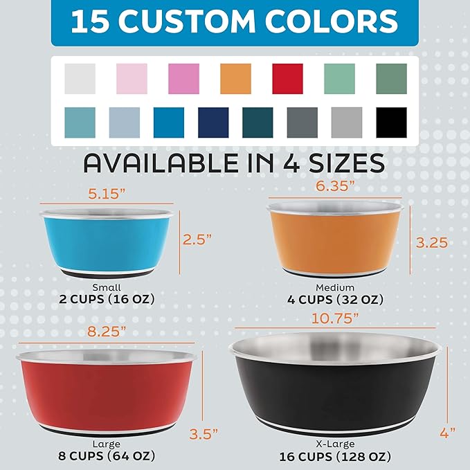Master Pet Supply Stainless Steel Dog Bowls Set of 2 (32 Oz Each) with Non-Slip Rubber Base - Glacier Blue - Basic Dog Food Bowl Water & Food Bowls for Small Medium Large Dogs & Cats, Metal Dish
