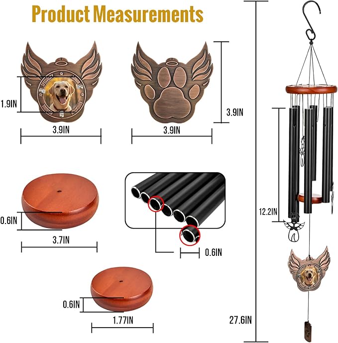 OneTigris Pet Memorial Gifts for Dogs - 32" Wind Chimes with Metal Picture Frame, Pet Loss Sympathy Gift, Dogs Remembrance Gift for Loss of Dog, in Memory of Dog