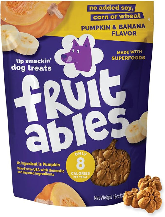 Fruitables Baked Dog Treats, Healthy Pumpkin Treat for Dogs, Low Calorie & Delicious, No Wheat, Corn or Soy, Made in the USA, Pumpkin and Banana Flavor, 12oz