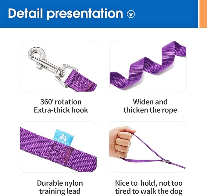 BAAPET 15/20/30/50/100 ft Long Dog Training Leash with Clickers for Small, Medium and Large Dogs or Cats (20 Feet, Purple)