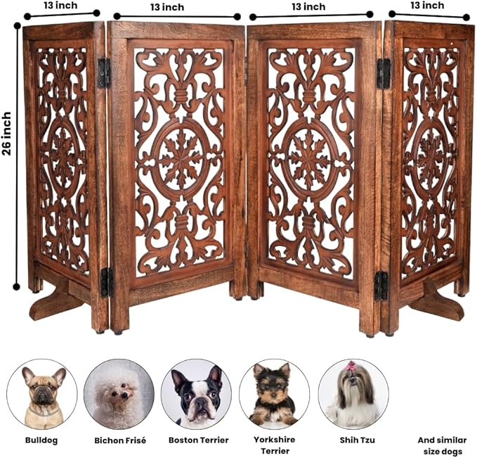 Decorative Wooden Pet Gate, Dog Fence, Cat Gate, Foldable, Adjustable, Portable, Extra-Wide, Wooden Dog Barrier, Free-Standing Puppy Gate 4 Panels for Indoor, Doorways, Stairs-26x52 Inch Antique Burnt