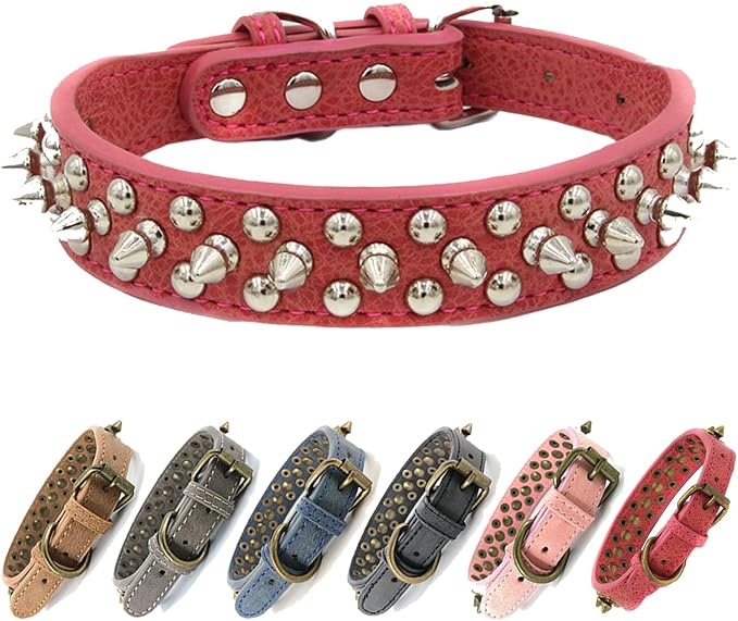 Studded Dog Collar, PU Leather Silver Dome Stud Anti-Bite Collar for Dogs, Adjustable Heavy Duty Punk Style Collar for Small Medium Large Dogs, Pitbull Mastiff Rottweiler Doberman, 5 Colors 4 Sizes