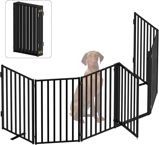 Free Standing Dog Gates with Door 36" Tall Use for Indoor Outdoor Stairs, Freestanding Dog Fence for Doorways Extra Wide, Metal Black 6 Panels