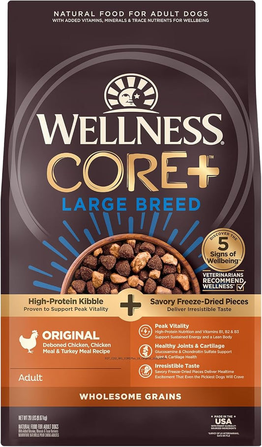 Wellness CORE+ Dry Dog Food with Freeze Dried Pieces, Large Breed, Wholesome Grains, High Protein, Natural, Chicken & Turkey Recipe, (20-Pound Bag)