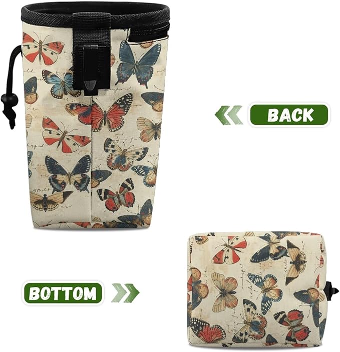 Vintage Butterfly Dog Treat Bag Puppy Training Pouch Animal Walking Snack Container Dog Food Dispenser Pet Feed Snack Reward Pocket for Pet Puppy Travel or Outdoor Use