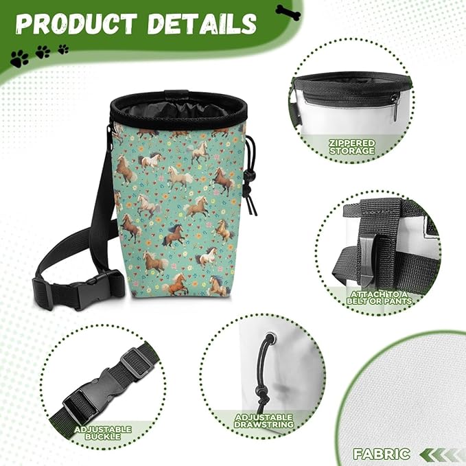 Horse Pattern Pet Treat Pouch Quick Access to Your Pup's Treat, Dog Walking Bag Treat Snack Bags Pocket Sized Pet Training Walking & Rewarding Holder Easy to Carry
