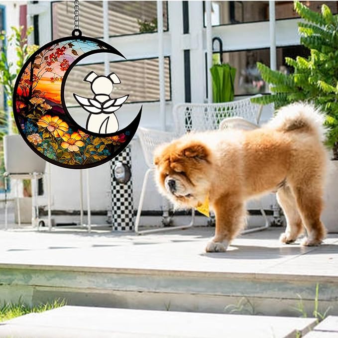 Dog Memorial Gifts for Loss of Dog Suncatcher, White Angel Dog on Sunset Moon Dog Beverage Acrylic Ornaments Decor Window Wall Sympathy Gift for Dog Lover