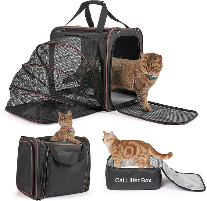 Cat Carrier with Litter Box, Expandable Cat Carrier with Litter Box for Car Travel, up to 20 lb to Road Trip, Camping, or Hotel, Black