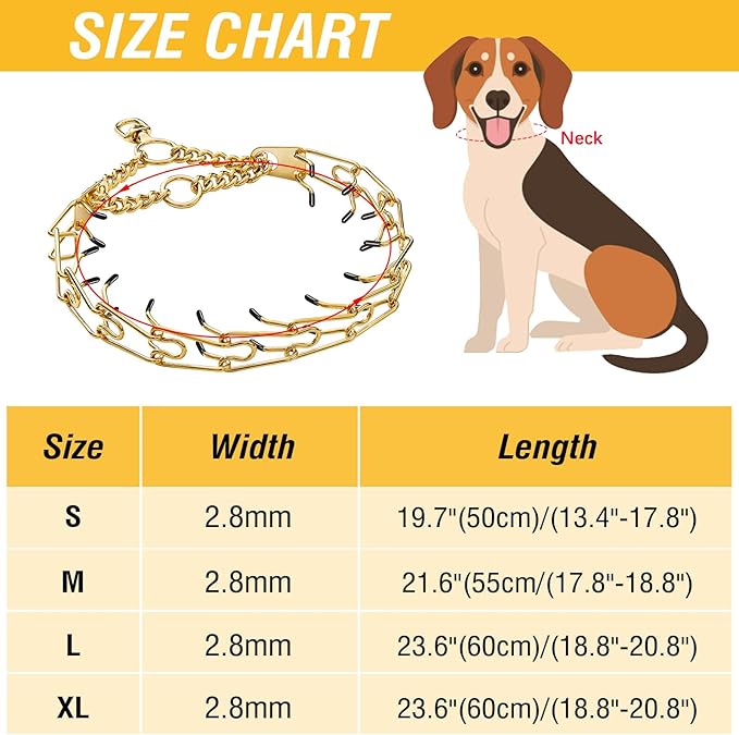 Stainless Steel Dog Pinch Collar - Gold Prong Martingale Collar, Adjustable Size for Medium & Large Dogs (XL, Gold)