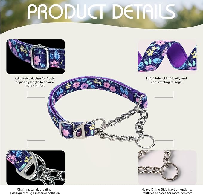 Reflective Martingale Dog Collar with Chain - Comfortable & Safe Choke Dog Collar for Medium Large Extra Large and XXL Dogs Trainer Recommended Collar (Purple Flowers XXL)