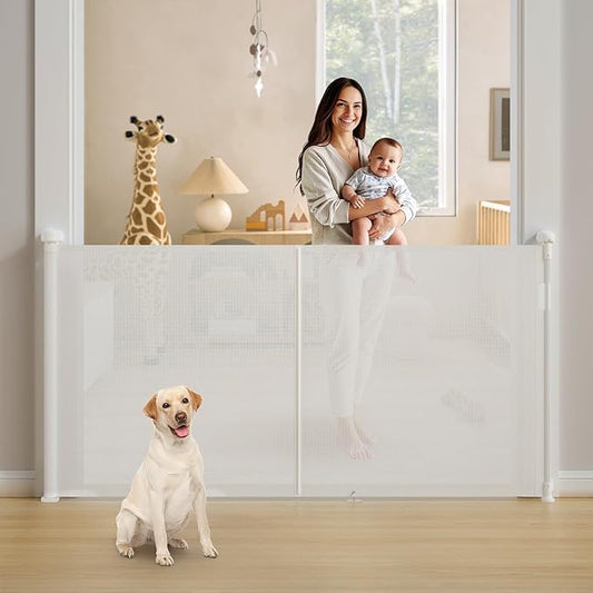Upgrade Retractable Baby Gates Extra Wide(71" W x 42" H), 71 inch Reinforced Retractable Dog Gate to Prevent Crawling Through, Retractable Gate Outdoor/Indoor, Real One-Handed Operation, White