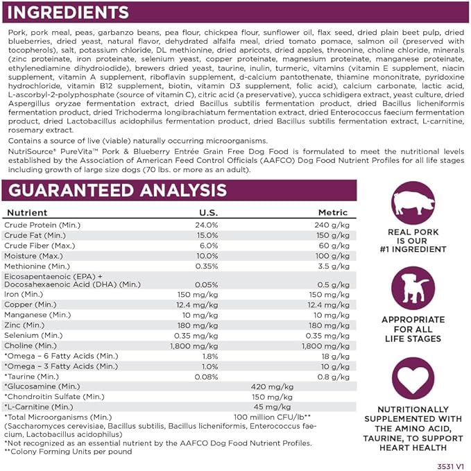 NutriSource Pure Vita Grain Free Pork & Blueberry Dog Food, 4LB