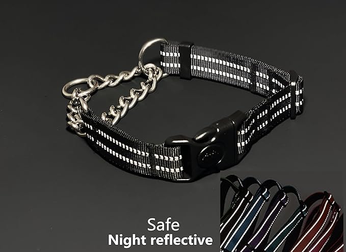 Martingale Collars for Dogs, Heavy Duty Stainless Steel Chain Training Collar, Reflective Nylon Adjustable Collar with Quick Release Buckle, Suitable for Puppy Medium Large Dogs((Black, XS)
