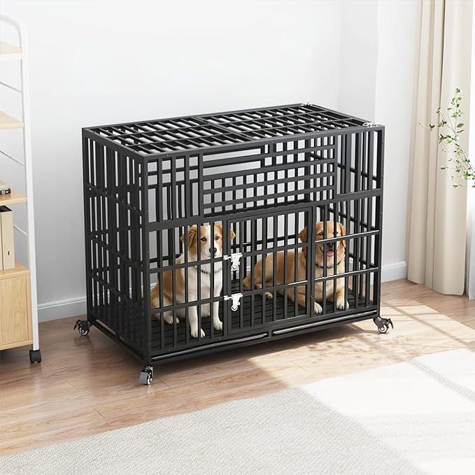56 inch Indestructible Heavy Duty Dog Crate, Escape-Proof Indoor Impact Dog Cage for Large Giant Dogs, High Anxiety Pet Kennel with 2 Trays, 4 Wheels, 4 Locks and Double Door, XL XXL