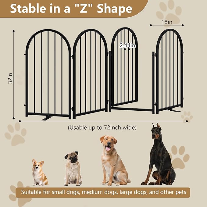 Full Metal Dog Gate with Door for Indoor Outdoor, 32" Tall Free Standing Pet Dog Fence, 72" Extra Wide Pet Gates for Stairs, Hallways, Doorways, Kitchen, Decks, Yards (Black, 4 Panels)