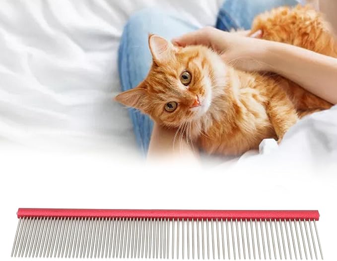 Pet Steel Comb Dogs and Cats, Professional Dog Grooming Comb For Shedding Tangles Knots, Pet Dematting Comb with Rounded Teeth and Non Slip Grip Handle for Long Haired Breeds(Red 16cm/6.3in)