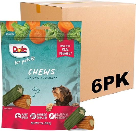 Dole for Pets Dog Chews, Assorted Broccoli + Carrot Vegetable-Flavored Treats, No Artificial Colors Flavors or Preservatives, No Wheat Corn Soy, Plant Based Dog Treats, 7.05 Oz Bag - 6 Pack