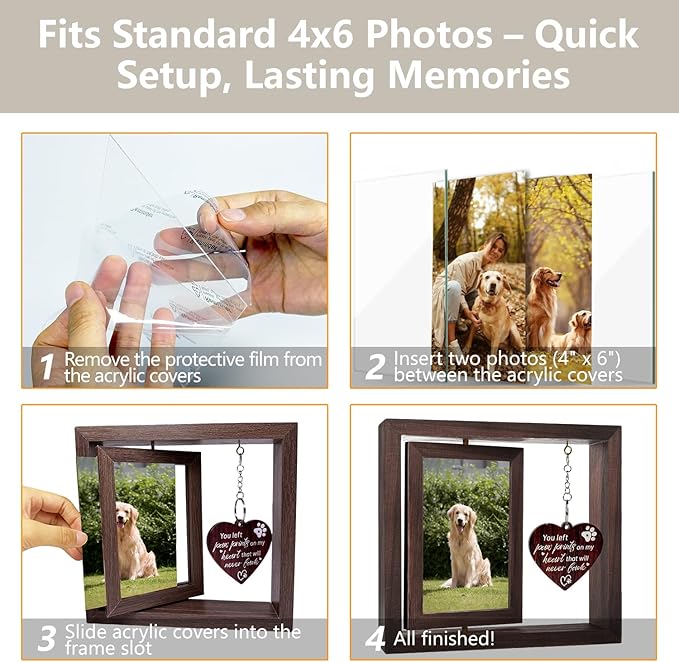 Dog Memorial Gifts for Loss of Dog – Pet Memorial Gifts for Dogs & Cats – Rotating Wooden Picture Frame for 4x6 Photos – Pet Loss Sympathy Gift