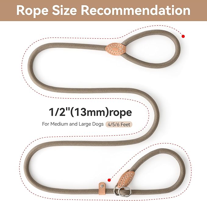 Mile High Life Slip Lead Dog Leash - 4FT, 5FT, 6FT Heavy Duty Rope Leash for No Pull Training, Durable Braided Dog Lead with Leather Stopper & Tip for Medium Large Dogs