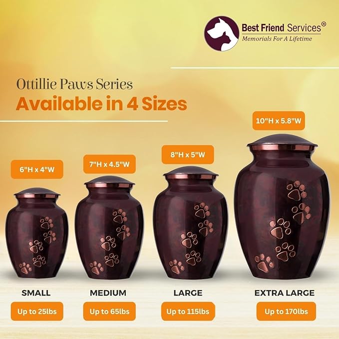 Ottillie Paws Legacy Series Pet Urn for Dogs and Cats, Handmade Brass Memorial Cremation Urn (Small - Pets up to 25 lbs, Raku, Vertical Brass Paws)