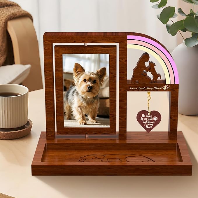 Pet Memorial Gifts for Dog Picture Frame with Rainbow Bridge, Wooden Rotating Picture Frame 4x6 Photo, Pet Loss of Dog Sympathy Gift for Cat Bereavement Remembrance Keepsake (11.2in)