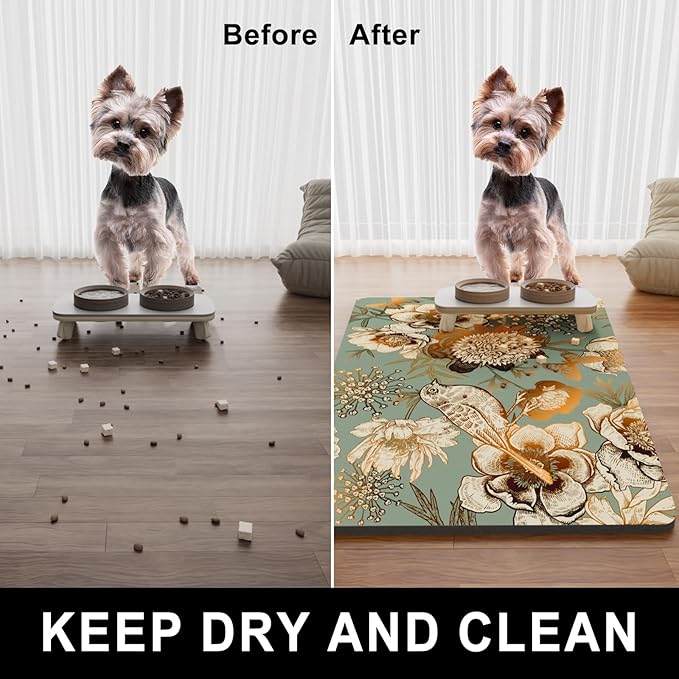 Dog Food Mat, 12" x 19" Flower Absorbent Dog Cat Bowl Mat for Food and Water, Cute Anti-Slip Rubber Pet Feeding Rug Protect Floors, Placemat for Feeding & Watering Supplies, Retro Floral
