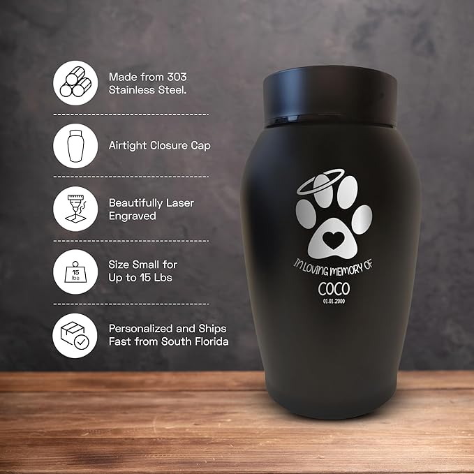Personalized Custom Small Keepsake Urn Engraved with Pet Name, Date, and Dog Design - 5.2" Black Powder Coated Steel Cremation Urn for Dogs Ashes | 12-16 lb Capacity, Paw Heart and Halo