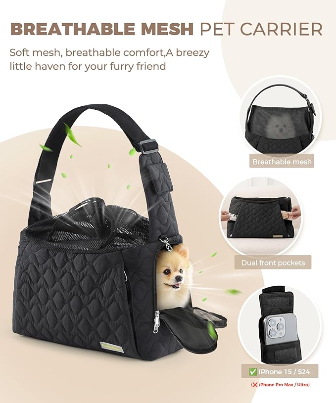 Dog Carrier Sling for Small Dogs, Front Cat Sling & Cats Up to 15 lbs, Dog Purse with Adjustable Strap Front Zipper Pocket, Double Safety Feature, Hands Free for Travel