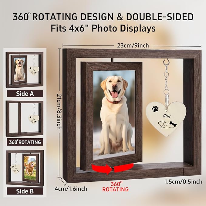 Pet Memorial Gift - Rotating Wooden Picture Frame for Dog or Cat, Heart Pendant & Holds Two 4x6 Photos, Sympathy Remembrance in Memory of Pet for Family Friend
