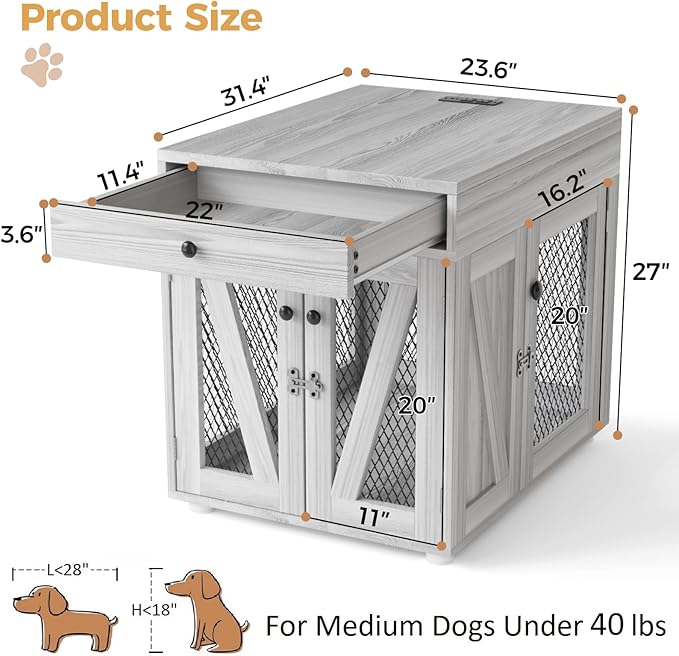 VOWNER Dog Crate Furniture, Wooden Dog Kennel End Table with USB Charging Station, Storage Drawer, Double Latched Door, Furniture-Style Crate Side Table for Medium Dogs Under 40 lbs Indoor, Gray Pine