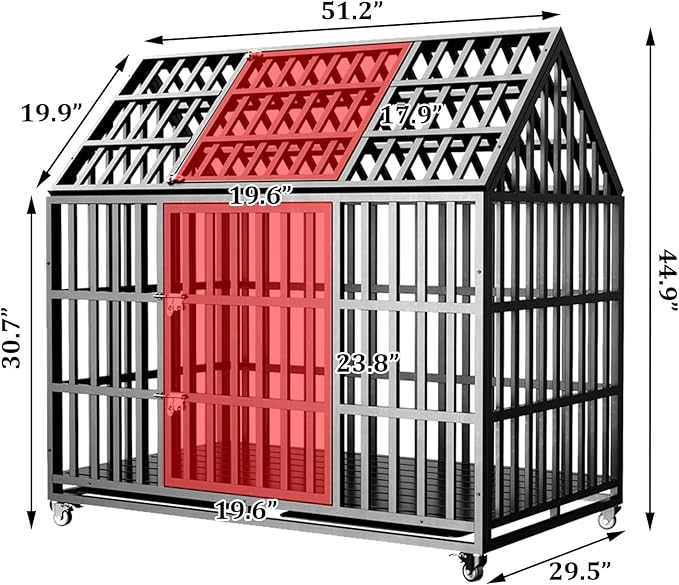 52 Inch Heavy Duty Dog Crate with Wheels, Indestructible Escape-Proof Dog Kennel with Reinforce Locks and Double Door, Extra Large XL XXL Cage Indoor for Large Giant Dog with Removable Tray