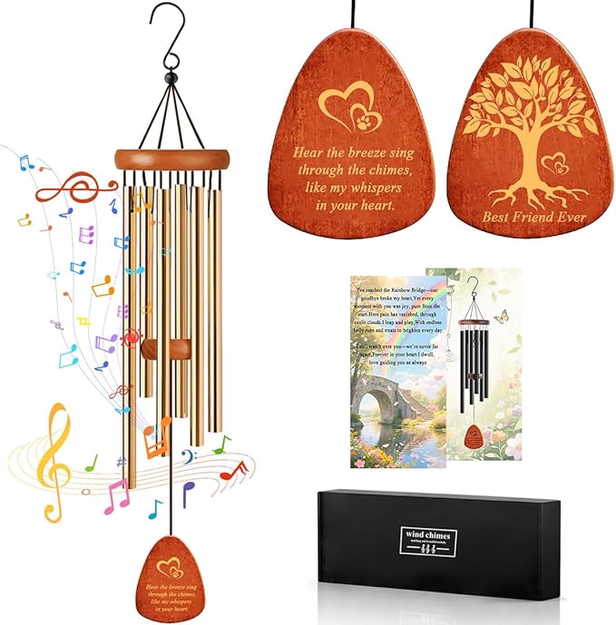 Dog Memorial Gifts Wind Chimes, Pet Loss Sympathy Gift, 25.5'' Dog Cat Passing Away Remembrance Wind Chime with Rainbow Bridge Poem Card, Gold