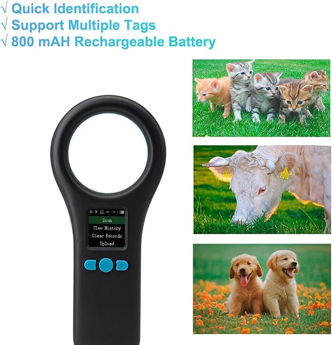 Pet Microchip Scanner, 134.2KHz/125KHz Animal Chip Reader Rechargeable Reader with 500 Data Storage, EMID/FDX-B/ISO1784/85 Pet ID Scanner for Dog/Cat/Pig/Animal (Black)