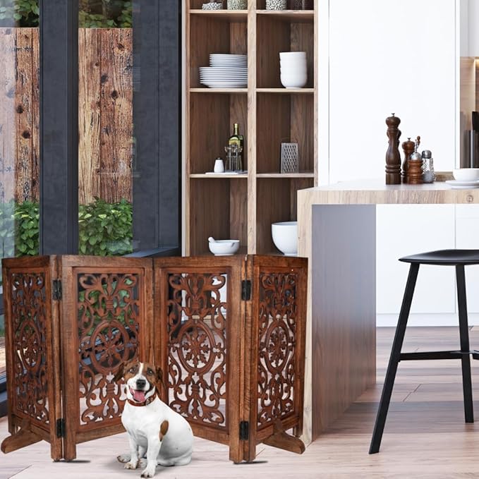 Decorative Wooden Pet Gate, Dog Fence, Cat Gate, Foldable, Adjustable, Portable, Extra-Wide, Wooden Dog Barrier, Free-Standing Puppy Gate 4 Panels for Indoor, Doorways, Stairs-26x52 Inch Antique Burnt