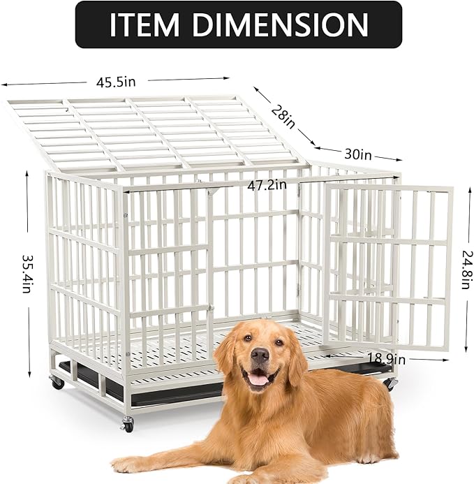 48 Inch Heavy Duty Indestructible Dog Crate with Lockable Wheels & Sturdy Locks, Metal Dog Crate Kennel with Removable Tray, Extra Large XL, White