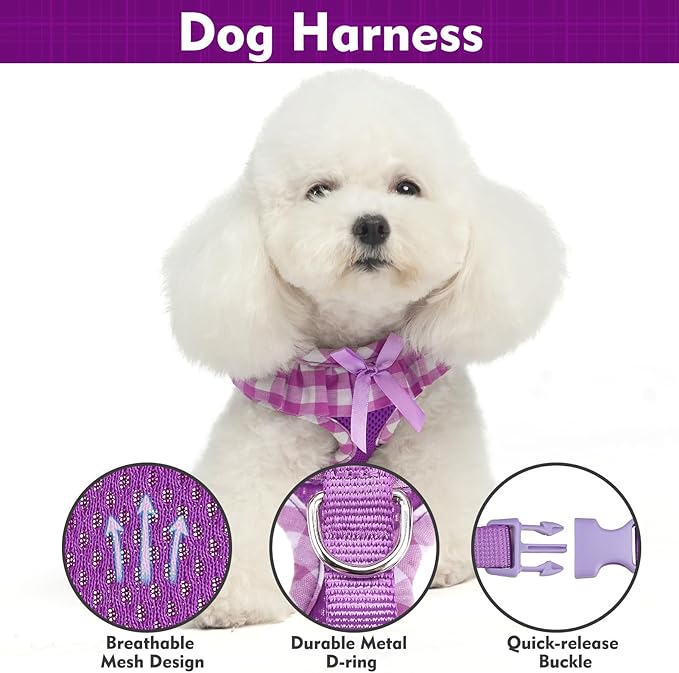 EXPAWLORER Cute Dog Harness Collar Leash Set - Purple Girl Dog Harness Checkered Step-in Design, Detachable Bow Pet Collar, Adjustable No-Choke Lightweight Mesh Vest for Cats Puppy Small Dogs, S