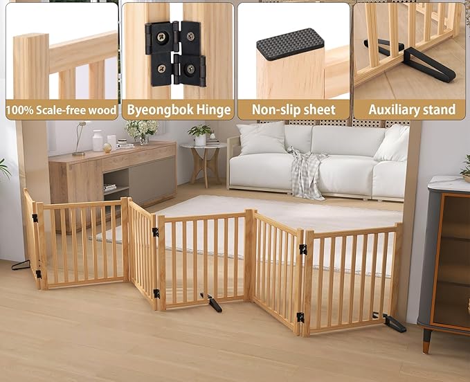 Solid Wood Freestanding Pet Gate,Nature Wood Dog Gates for Doorways The House,Pet Gate for Stairs,Freestanding Indoor Gate Safety Fence,23" Height-6 Panels